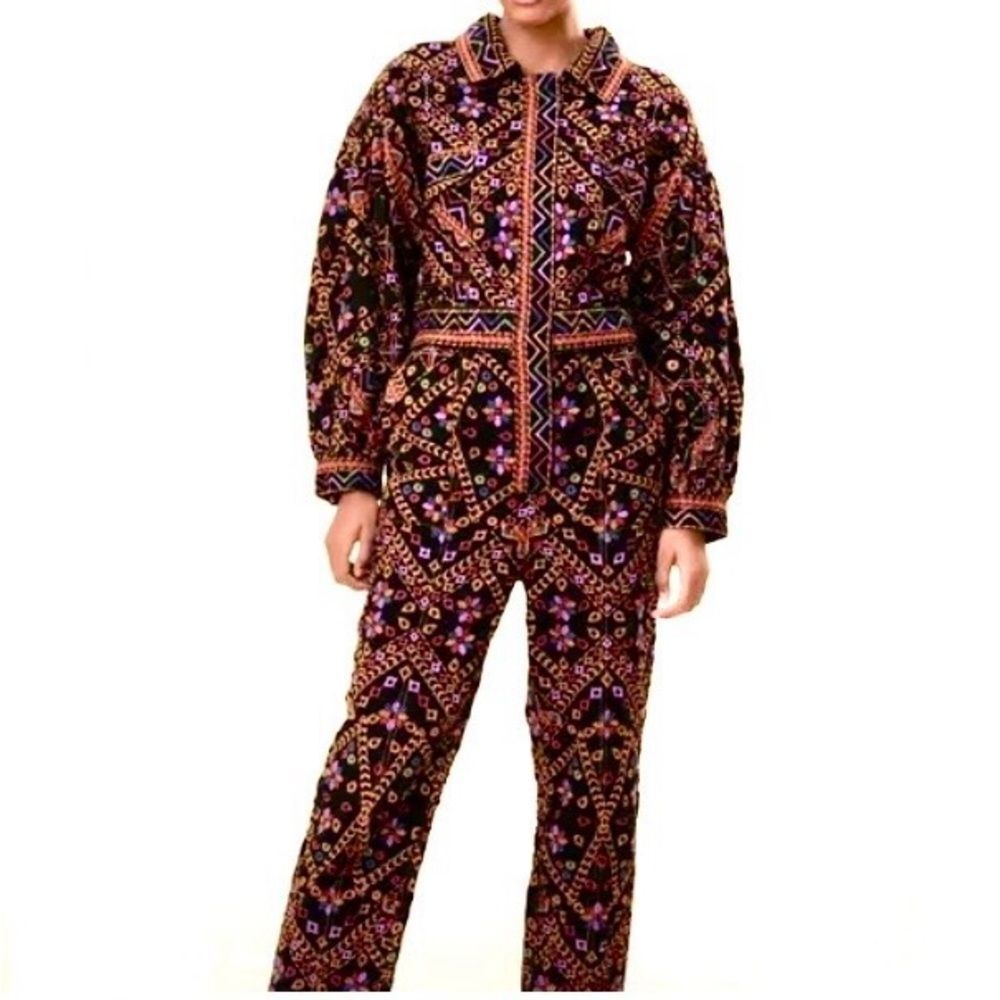 NEW RARE FARM Rio Embroidered Long Sleeve Jumpsuit Corduroy Floral Black $495 XL